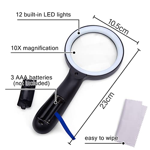 HAKACC 10X Magnifying Glass with Light, 12 LED Illuminated Handheld Magnifier 85mm Magnifying Lens for Hobbies Macular Degeneration Seniors Reading Kids Exploring