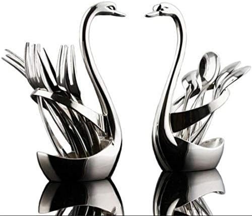 JINKAKA Luxury Alloy Swan Fruit Fork Cocktail Appetizer Dessert Forks Dinnerware Set Swan Base Holder with 3 Forks & 3 Spoons