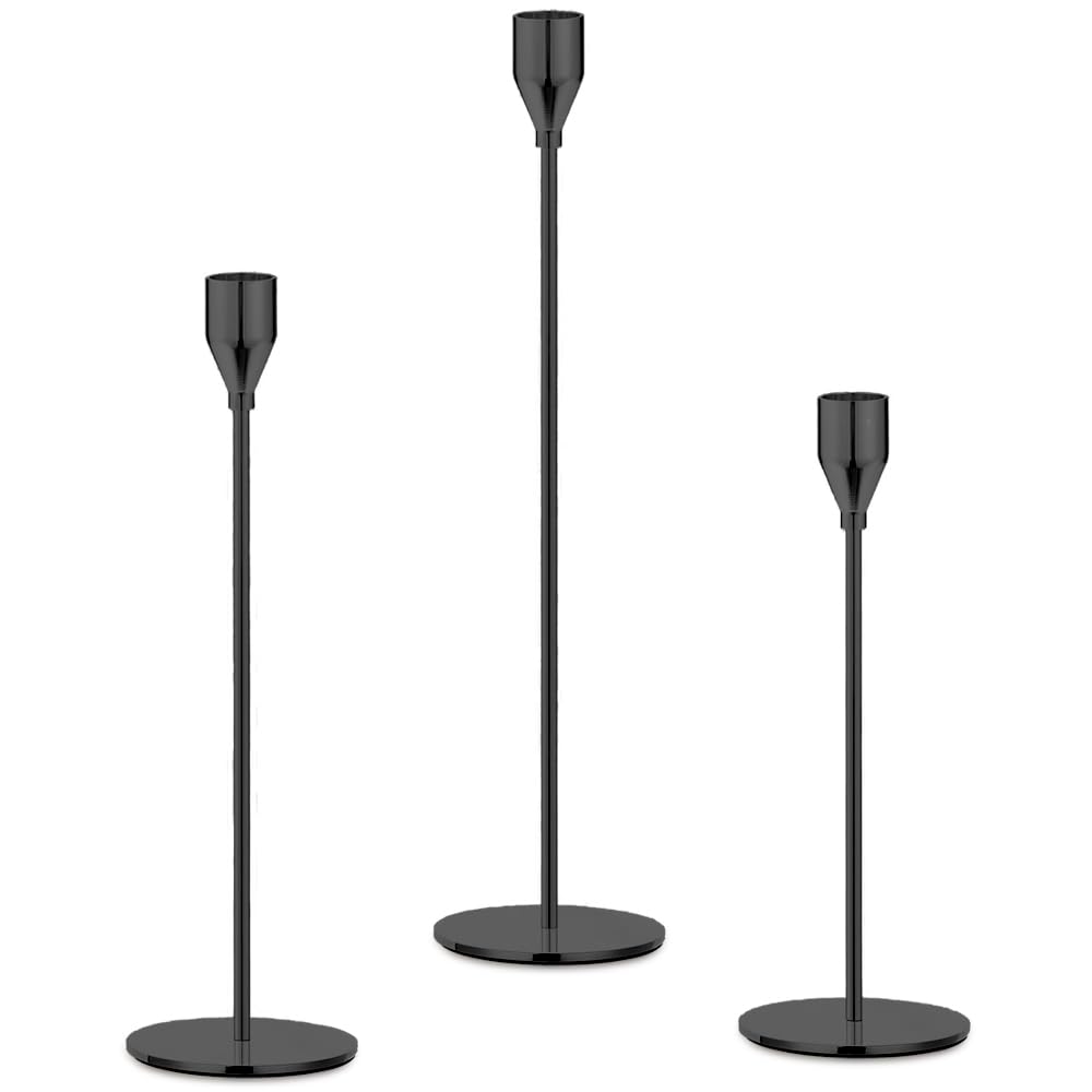 Mivitoom Set of 3 Black Candle Holders,Taper Candle Metal Candle Stand Holder - Elegant Candlestick Holders for Home Party Living Room, Dinners Decoration