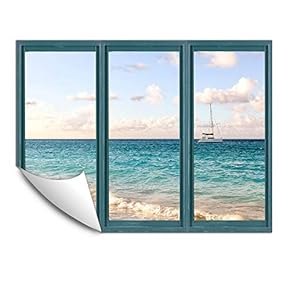 Wall Murals for Bedroom Fake Window Beach Blue Window Removable Wallpaper Peel and Stick Wall Stickers - 24x32 inches