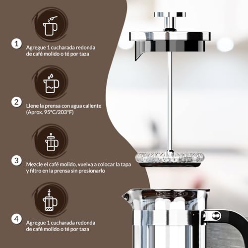 Prensa Francesa De Vidrio,Cafetera Prensa Francesa 1 Litro De Vidrio Resistente a Altas Temperaturas y Acero Inoxidable, Para Preparar Café o Tisana, Ideal Para Café Molido e Infusiones (Transparente)