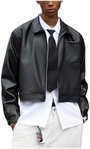Verdusa Men's Leather Jacket Zip Up Collared Bomber Jackets with