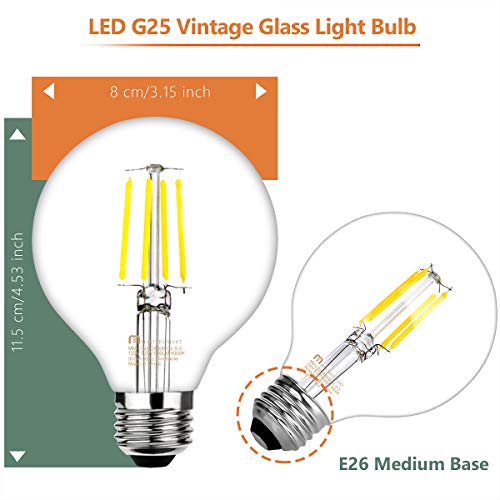 Mastery Mart Dimmable Vintage LED Globe Light Bulb, G25 Glass Edison Style, 5.5W (75 Watt Equivalent), 4000K Cool White, E26 Decorative Filament Bulb, Bathroom& Vanity Mirror, UL, Energy Star, 6 Pack