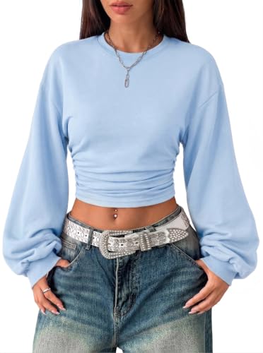 Women's Cropped Sweatshirt Cinched Waist Long Balloon Sleeve Top Blue L at Amazon