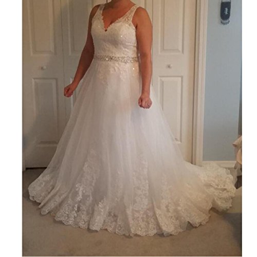 Fair-Lady-Womens-Double-V-Neck-Lace-Applique-Empire-Chapel-Train-Wedding-Dress