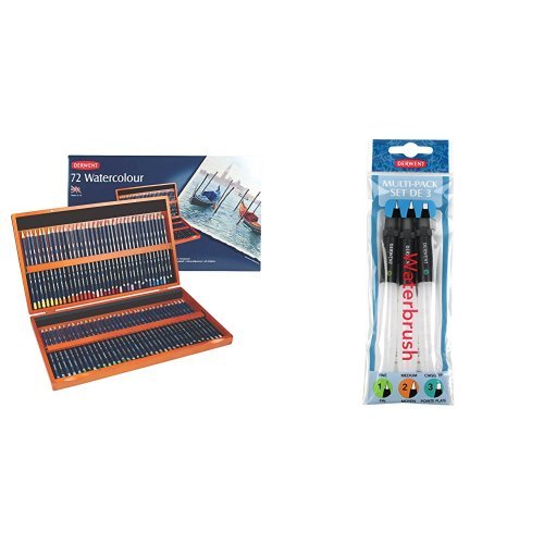 Derwent Watercolour Pencils Wooden Box (Set of 72) with Derwent Waterbrush Multi-Pack (Pack of 3)