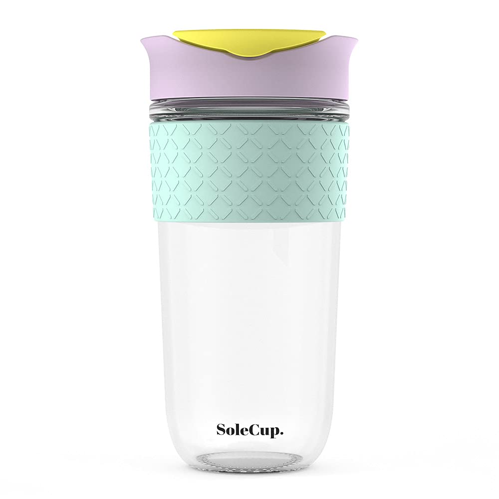 SoleCup. - Reusable Strengthened Glass Travel Cup - Spill Proof Coffee Mug - 18oz/530ml BPA-Free Hot Drink Travel Mug with Lid & Silicone Band (Ice Cream, 18oz / 530ml)