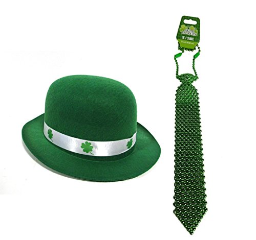 Luck of the Irish St. Patrick's Day Kelly Green Derby Bowler Hat With Shamrock Ribbon & St. Patrick Green Plastic Beaded Neckties SET