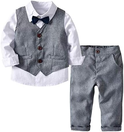 Boys Gentleman Outfits Bow Tie Waistcoat T-Shirt Pants 4PCS Overall Tuxedo Jumpsuit Wedding Size 2-6T