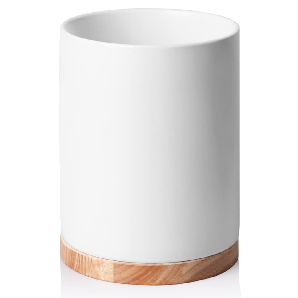 Photo 1 of Sweejar Kitchen Utensil Holder with Wooden Bottom, 8.2" Ceramic Utensil Crock to Hold Spatulas for Cooking Countertop, Housewarming, Wedding, Birthday Gift (White)