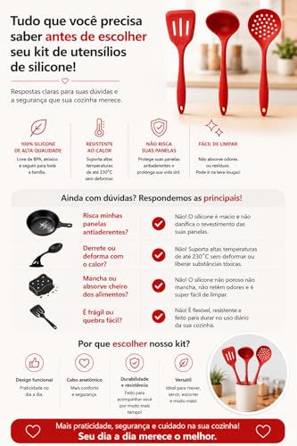 Kit 3 Utensílios de Cozinha em Silicone Vermelho Concha Espátula Escumadeira Premium Resistente até 230°C Não Risca Panela
