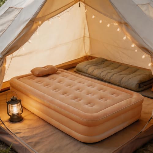 Single Air Mattress with Built-in Pump, Portable Inflatable Bed, Blow Up Mattress for Camping Travel Home Guests, 191 * 100 * 40Cm Beige
