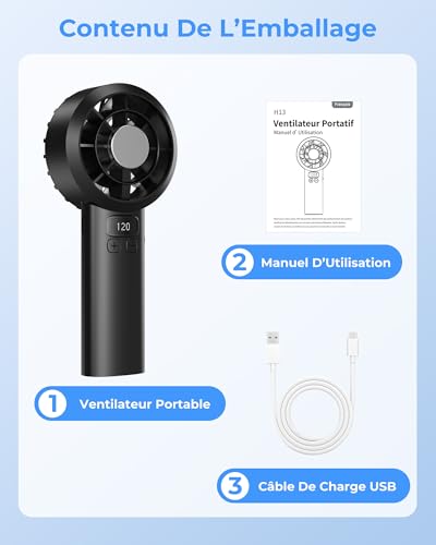Ventilateur de Poche Portable Mini - 3000 mAh USB Rechargeable, Réglage Vitesse 1-120 avec Écran LED, Ventilateur Personnel Silencieux, Accessoire d'Été pour Voyage Extérieur Maison Bureau, Noir