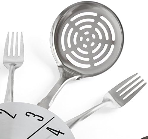 Kitchen wall clock with fork and spoon hands, featuring a battery-operated mechanism, priced at $21.99.