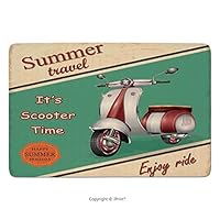Bathroom Rug, Vintage Decor,Scooter Motorbike Summer Travel Italian City Sight Hipster Enjoy Ride Illustration,Multi, Bath Mat,Non-Slip Entry Door Carpet Soft Machine-Washable Floor Rugs For Bathtub S