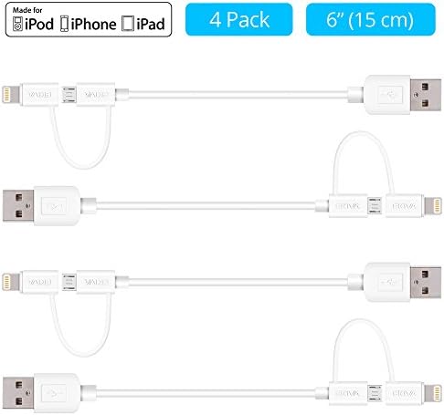 Apple MFi Certified Lightning Cables [4-Pack] - Skiva USBLink Duo Short 2-in-1 Sync and Charge Cable (6" / 0.5ft) with Lightning &amp; microUSB for iPhone 7 6s 6 plus, Samsung Galaxy (White) [Model:CB148]