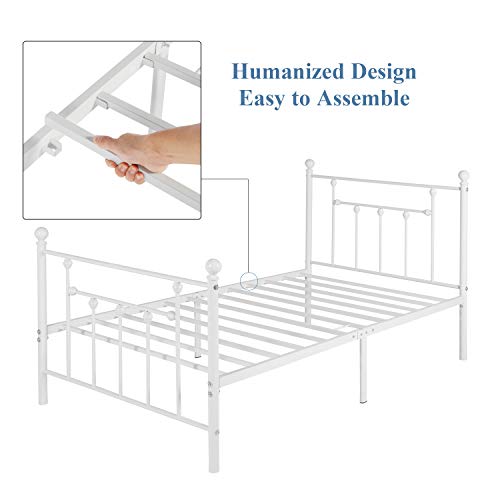 VECELO Classic Style Bed Frame Metal Platform Mattress Foundation for Kids Girls Boys Adults No Box Spring Needed with Steel Headboard & Footboard,Twin Size, White - Thumbnail 4