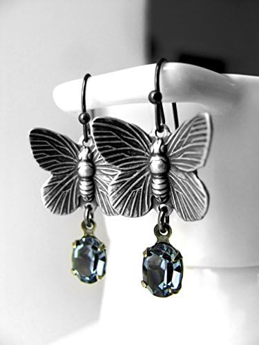 Butterfly Earrings with Vintage Style Antiqued Silver Plating and Blue Crystal Rhinestones, Gift for Nature Lover or Gardener, Mothers Day Gift