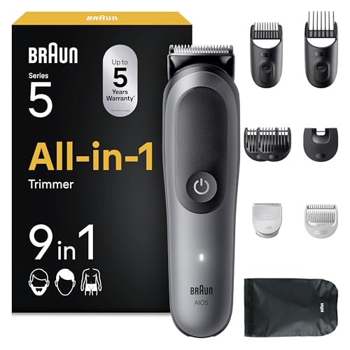 Braun Multigroom All-in-One Series 5, 9-in-1 Trimmer-Set 5, AIO5545, Grau - Barttrimmer, Haarschneider, Haarschneidemaschine für Gesicht, Kopf und Körper, 14 Längen, 120 Min. Akku, Wasserdicht
