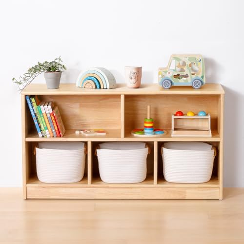OOOK Montessori Shelving Unit with 5 Compartments Rubberwood 110 cm (43.3 Inches) – 2 Storage Systems – Wooden Wardrobe for Children's Room, Games Room, Nursery, Classroom and Kindergarten