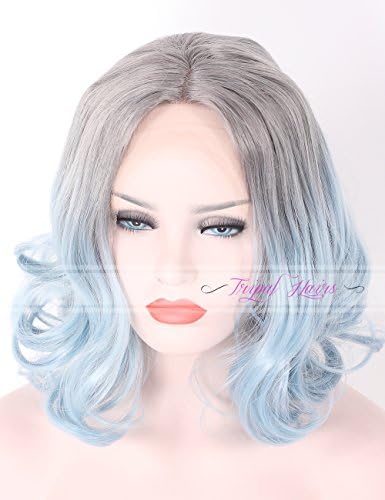 Tripal Hairs Short Bob Wavy Ombre Wigs Silver Grey Roots Baby Blue Lace Front Wig for Women Glueless Synthetic Hairs Replacement Wig
