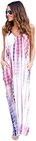UBetterM Womens Maxi Dress Tie Dye Print Boho Pocketed Maxi Dress