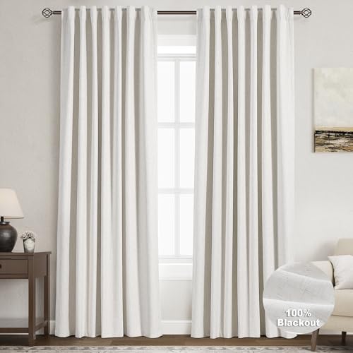 Photo 1 of 100% Blackout Linen Curtains 92 inch Length 2 Panels for Living Room Loop Pocket Pinch Pleated Black out Drapes Cream Colored Heat Reducing Total Blackout Window Curtains for Bedroom 92 inches Long