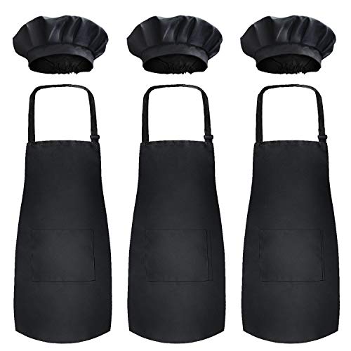 Novelty Place Kid's Chef Hat Apron Set (3 Set) - 100% Cotton Children's Bib with Pocket - Cooking, Baking, Painting, Training Wear - Kid's Size (6-12 Year, Black)