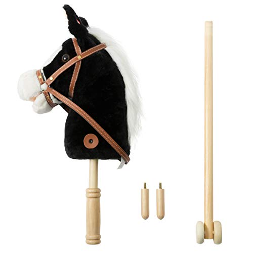 HollyHOME Outdoor Stick Horse with Wood Wheels Real Pony Neighing and Galloping Sounds Plush Toy Black 36 Inches(AA Batteries Required)