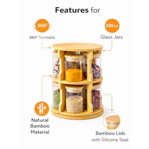 360° Rotating Spice Rack Organizer – 10 Glass Jars (200ml Each) with Bamboo Wooden Stand – Kitchen Countertop Storage Carousel – Space Saving Masala Organizer