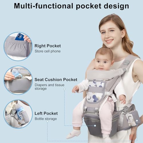 STANEW Baby Carrier Hip Seat & Head Hood, Breathable Detachable Infant Carrier, Adjustable Shoulder Straps, Waist Size up to 120cm for 0-48 Months Baby, Max Load 25kg