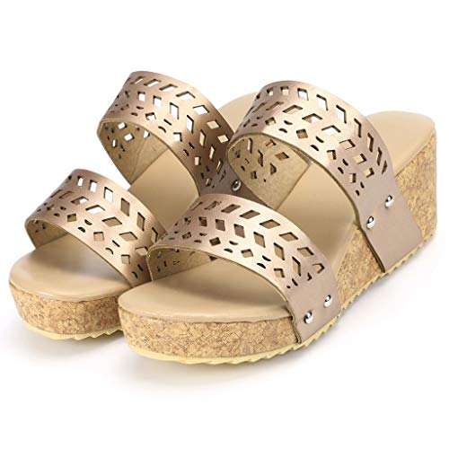 BEAUTYVAN Mules Shoes for Women Fashion Platforms Wedges Peep Toe Slipper Sandals Gold