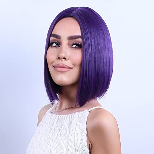 MAGQOO Dark Purple Wig for Women Short Purple Wig Purple Bob Wig Short Straight Deep Purple Wig Middle Part Synthetic Heat Resistant
