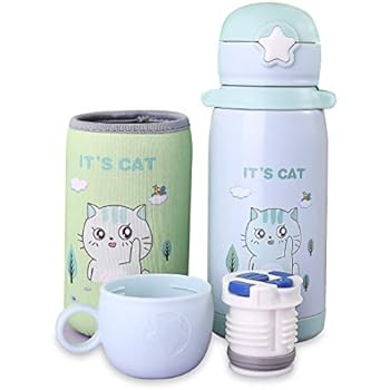 Cat Thermos with Straw for Kids - ONEISALL Cute Toddler Stainless Steel Thermal Cup with Shoulder Strap and Spare Cover Lid (550ML - Green)
