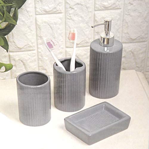 DINY Home & Style Designer 4-Piece Ceramic Bath Accessory Set | Includes Liquid Soap or Lotion Dispenser w/Toothbrush Holder, Tumbler, Soap Dish (Grey)