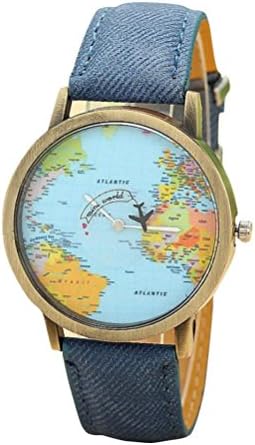 OUBAO Women Global Travel By Plane Map Denim Fabric Band Watch Blue