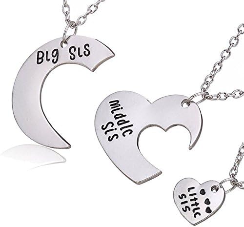 3pcs Family Jewelry Gift Big Sis Middle Sis Little Sis Love Heart Charm Pendant Necklace Set for Sister (Style A)