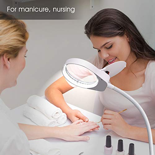 Delixike Magnifying Glass with Light and Stand,3X Dimmable Magnifying Lamp with Adjustable Gooseneck for Close Work,Reading,Crafts,Workbench,Task,White