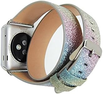 Apple Watch Band, KuToo Double Tour Leather Glitter Bling Band Strap Bracelet Replacement Band for Apple iWatch (42mm--Rainbow Bling)