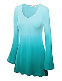 LL Womens Solid / Dip Dye V Neck Long Bell Sleeves Tunic Top Blouse - Made in USA