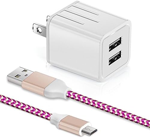 Micro USB Cord with Wall Plug,Aupek Durable Braided USB to Micro USB Charging Cable 10FT with Home Travel Dual Port Charger Adapter for Nexus 6,HTC,Samsung Galaxy J3,S6,Nokia and More(White Rose-red)