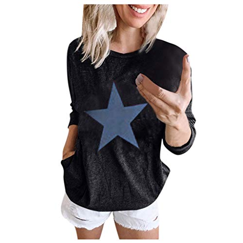 Sanyyanlsy Women's Fall Winter Long Sleeve O-Neck Fashion Five-Pointed Star Print Casual Sweatshirt Pullover Top T-Shirt Black