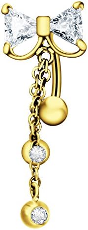 La Penderie 14G Steel Rhinestone Reverse Belly Ring Dangle Navel Bar Bowknot Dangle Body Piercing Jewelry- Great Gift - With Free Gift Box (Gloden clear rhinestone)