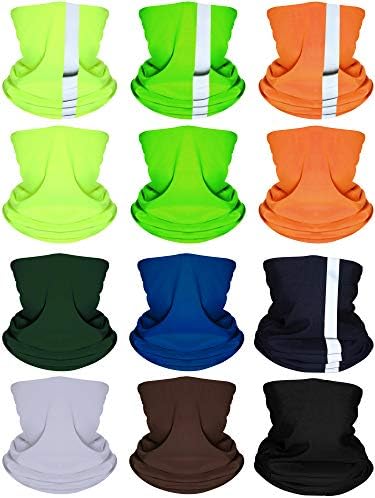 Multicolored reflective neck scarf hanging on doors.