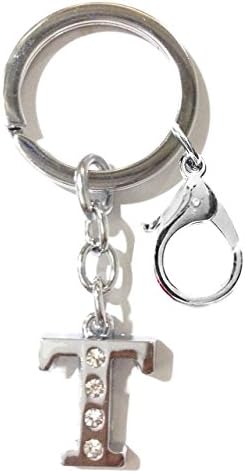 Key Chain Alphabet T Father's Day Gift Chrome Metal Finish with 4 Diamonds Fixed Keyring by Tech Fashion