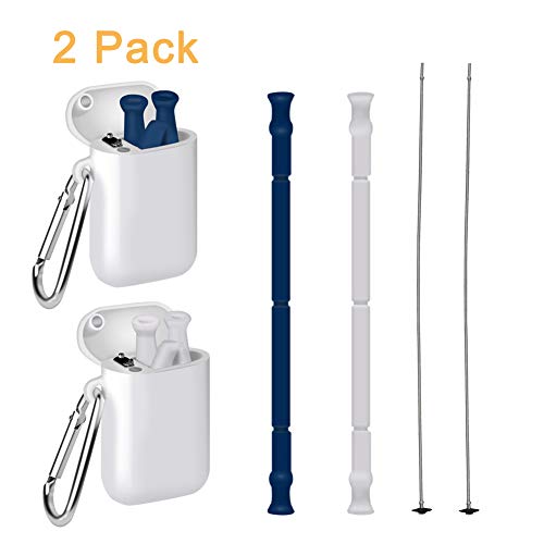 Aslanka Collapsible Silicone Drinking Straws, Reusable Straws with Cleaning Brush and Box, Portable 9.8 Inch Folding Straws for Hiking and Travel(2 Pack) (Blue+Gray)