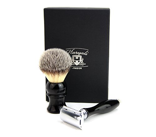 Haryali London, 2Pcs Wet Shaving Kit for Men – Double Edge Razor with Silvertip Badger Hair Shaving Brush, Mens Grooming Tools Set for Comfortable, Smooth Shave