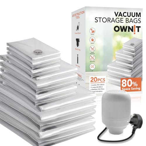 OWNIT® Vacuum Storage Bags with Electric Pump, 20 Pack Space Saver Bags with 6 Small, 6 Medium, 5 Large, 3 Jumbo, Reusable Vacuum Compression Bags for Packing Clothes, Blankets, Duvet, Pillows, Travel