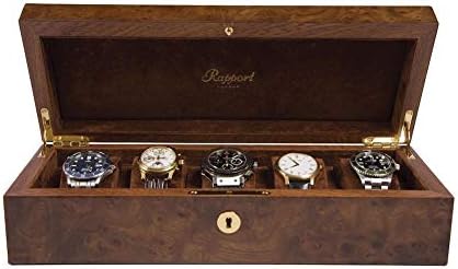 Rapport Wooden Burr Walnut 5 Watch Box with Luxurious Suede Lining