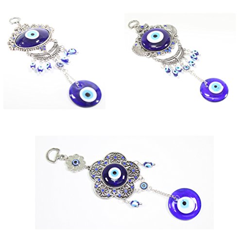 Set of 3 blue evil eye flower fish wall hanging amulets…